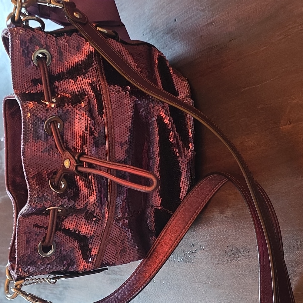 Coach Poppy Sequin Satchel In Dark Amethyst With Shimmery Leather